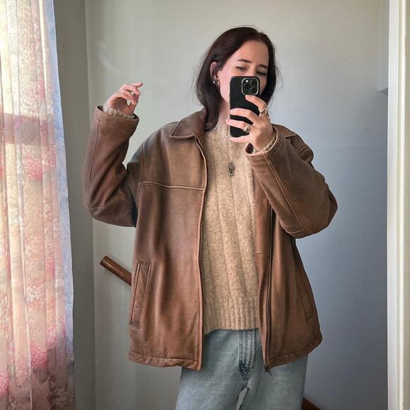 Vintage oversized brown worn leather jacket biker boyfriend moto coat distressed - Picture 3 of 8